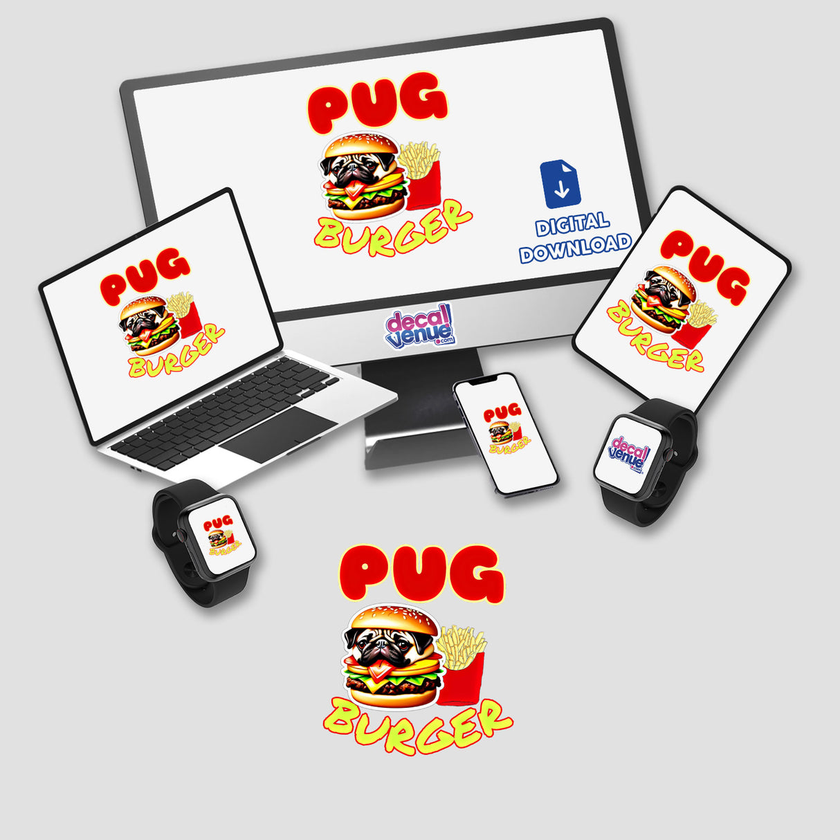 Pug burger and fries digital art on a laptop and computer monitor with the burger logo displayed.