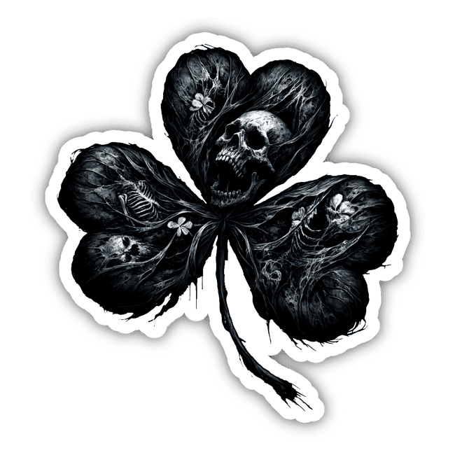 Skeletal Shamrock Elegance Sticker - A haunting yet elegant digital artwork of a four-leaf clover made up of skeletal bones and skulls, creating a striking monochrome design.