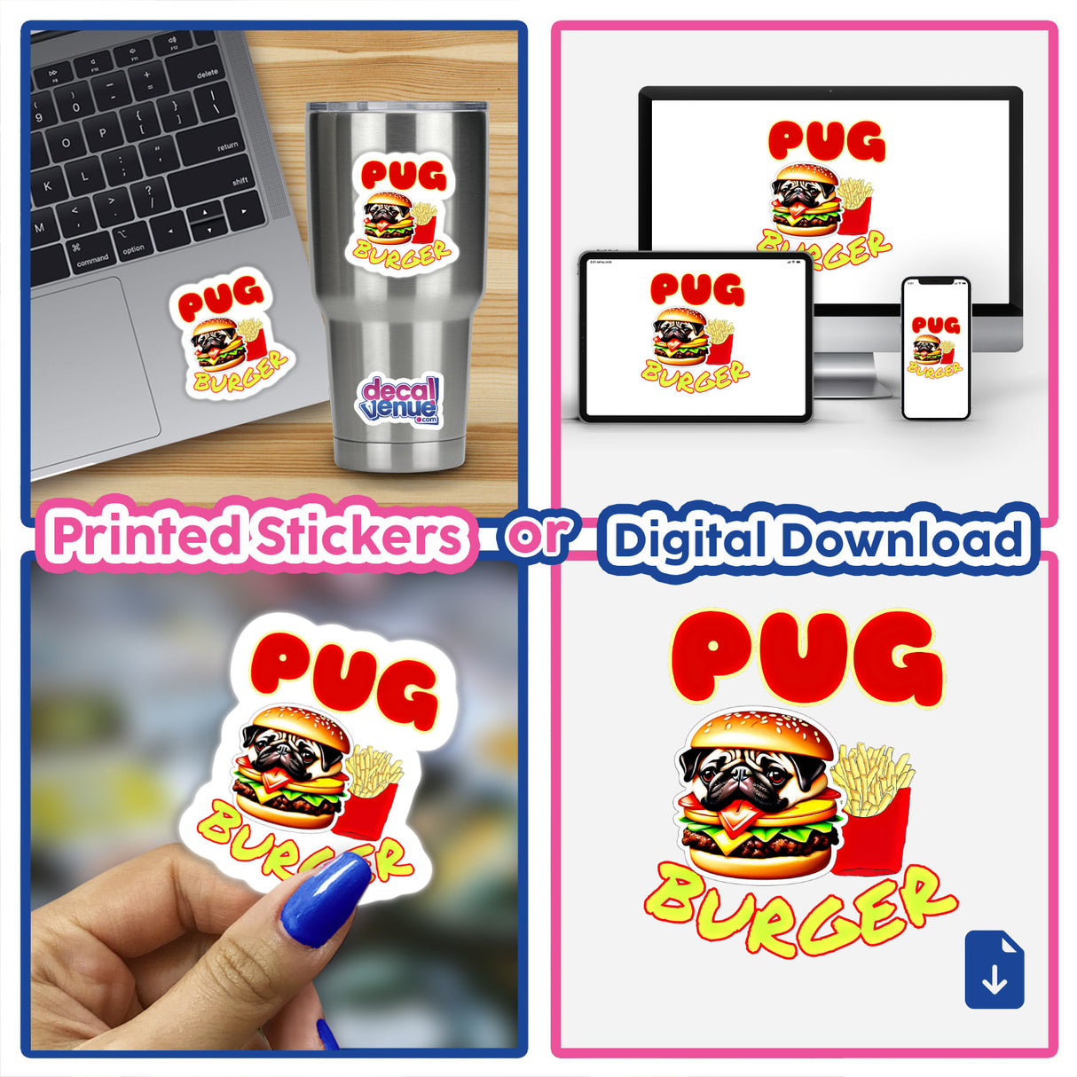 Collage featuring a sticker of a pug in a burger with fries, alongside a laptop with a sticker and a phone displaying digital artwork.