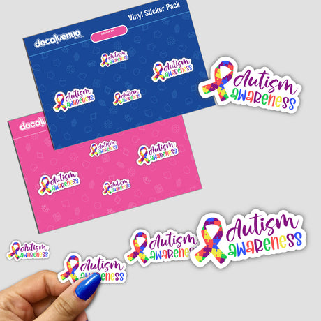 Autism Awareness Sticker depicting a hand holding a colorful puzzle piece, symbolizing support and acceptance.