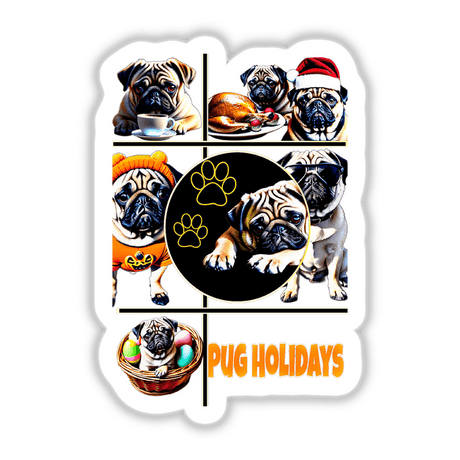 Collage featuring Pug dog lovers in various scenes, including a dog with coffee, in a basket with eggs, wearing a Santa hat. Available as stickers or digital art.