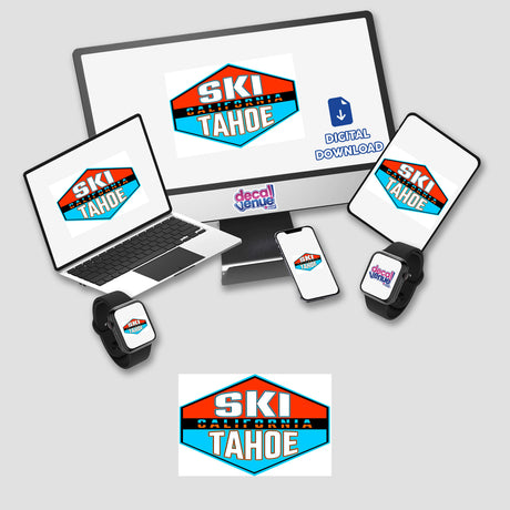 Vibrant digital ski artwork depicting the Ski Tahoe logo in a variety of electronic device mockups, including laptops, smartphones, and smartwatches, showcased against a clean white background by Decal Venue, an online store specializing in unique stickers and digital art.