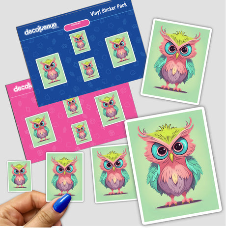 Colorful digital artwork of adorable angry owls displayed on vinyl sticker pack