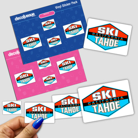 Assortment of colorful digital artwork stickers featuring the text "Ski Tahoe" on a pink and blue background, showcasing various graphic designs related to skiing and Tahoe.