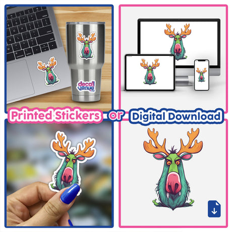 Colorful digital artwork of an adorable angry moose depicted on various product mockups such as a laptop, phone, and physical sticker.