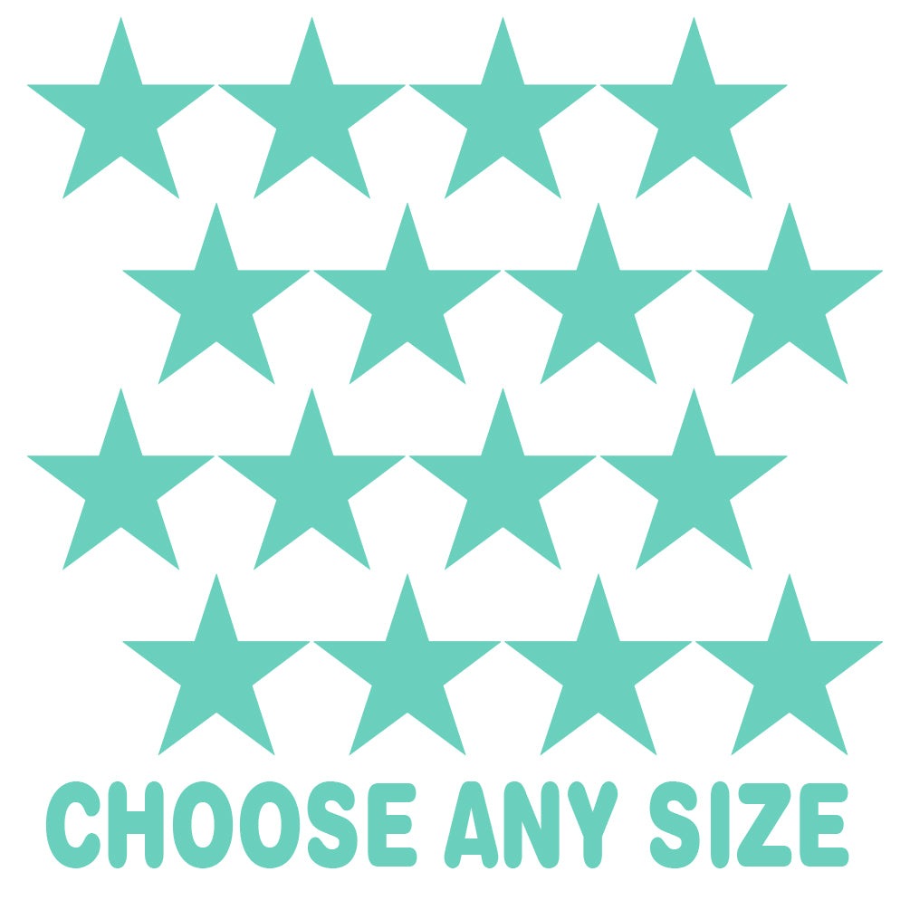 Mint green star-shaped vinyl wall decals arranged in a repeating pattern on a plain background. The decals can be customized to any desired size.