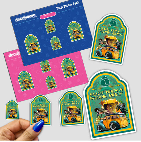 Colorful "Beach Vibes and Woodie Rides" digital artwork stickers featuring a retro vintage surf car on a tropical background, displayed on a blue sticker pack from the Decal Venue store.