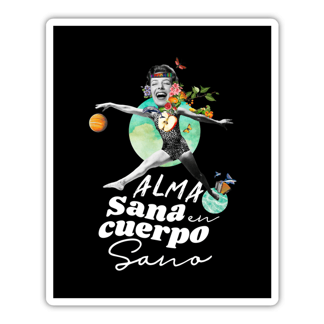 Alma Sana en Cuerpo Sano: A woman in a bathing suit jumping with a ball, surrounded by flowers and planets, available as stickers and digital artwork.