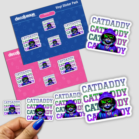 Sticker featuring Cool Cat Daddy character in a hoodie and sunglasses; available as stickers or digital artwork.