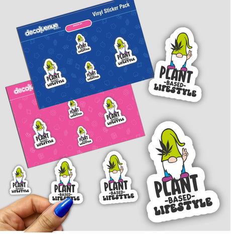 Plant Based Lifestyle Sticker featuring a cartoon gnome holding a leaf, displayed among other stickers on a surface.