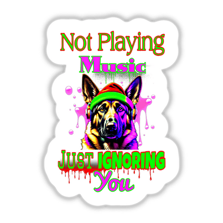 German Shepard Music sticker or digital artwork featuring a cartoon dog wearing a hat and headphones.