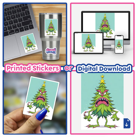 Whimsical green Christmas tree with angry expression and sharp teeth, printed on stickers or available for digital download, shown on various devices.