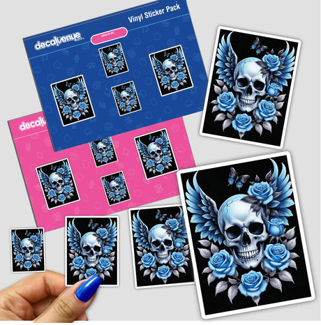 Gothic Skull with Wings and Blue Roses